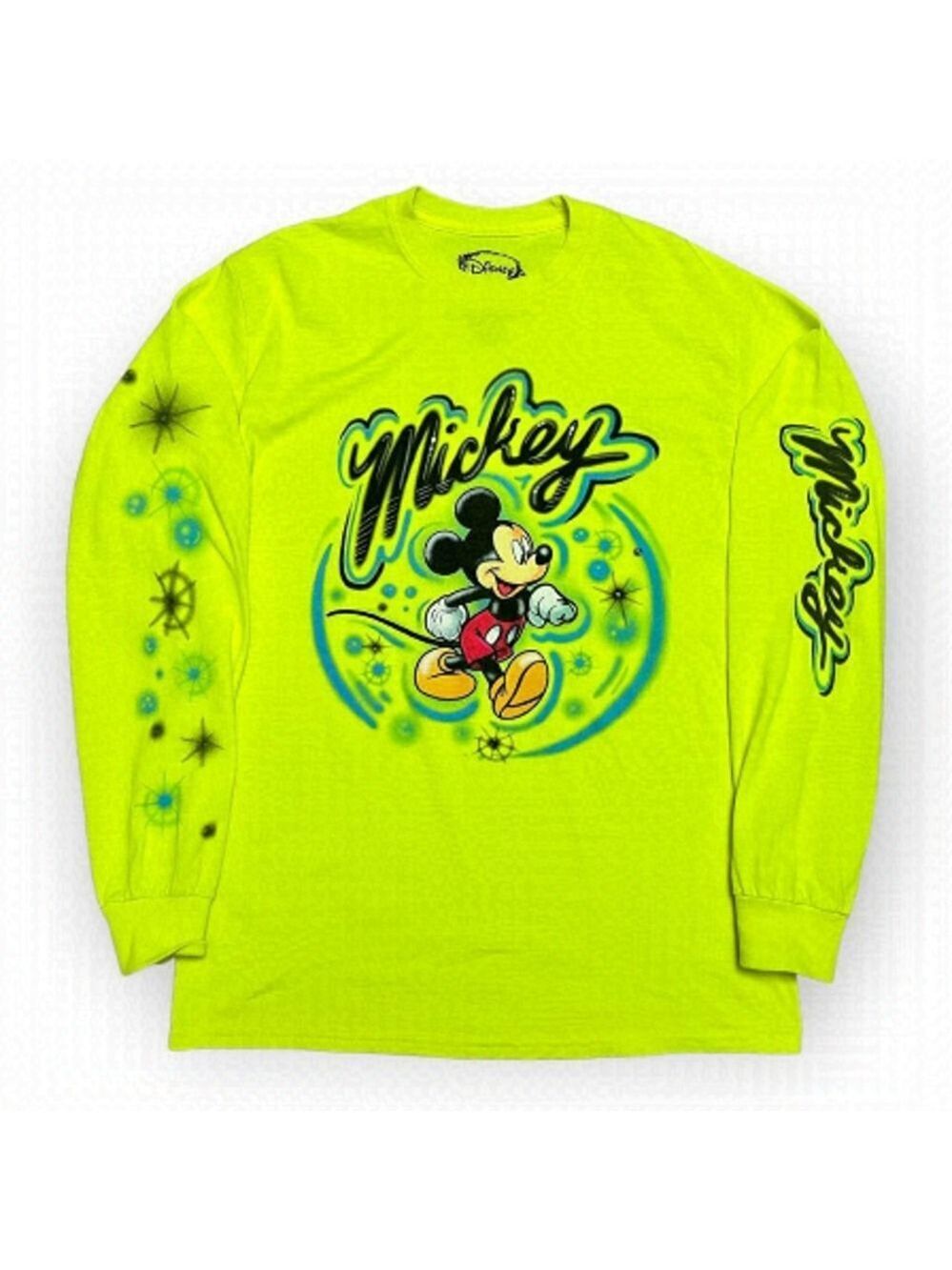 Disney Mickey Mouse Neon Green Airbrush Long Sleeve Tee Shirt - Mens Small